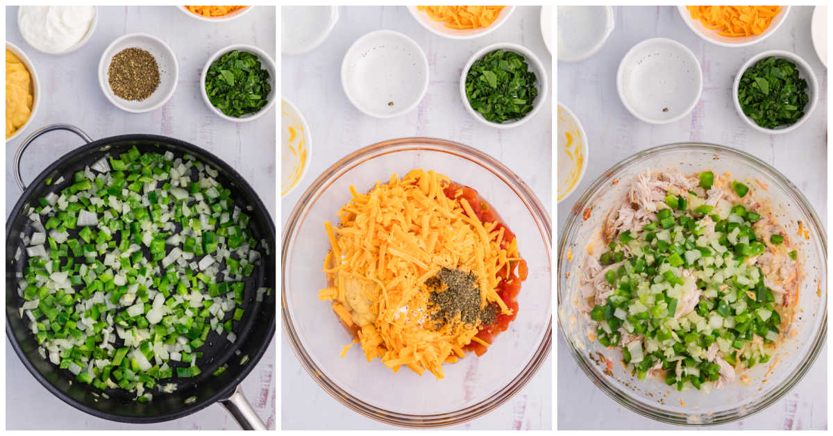 Collage of cooking veggies in a skillet and mixing ingredients in a clear bowl.