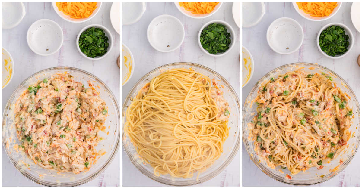 Collage of mixing ingredients in a clear bowl.