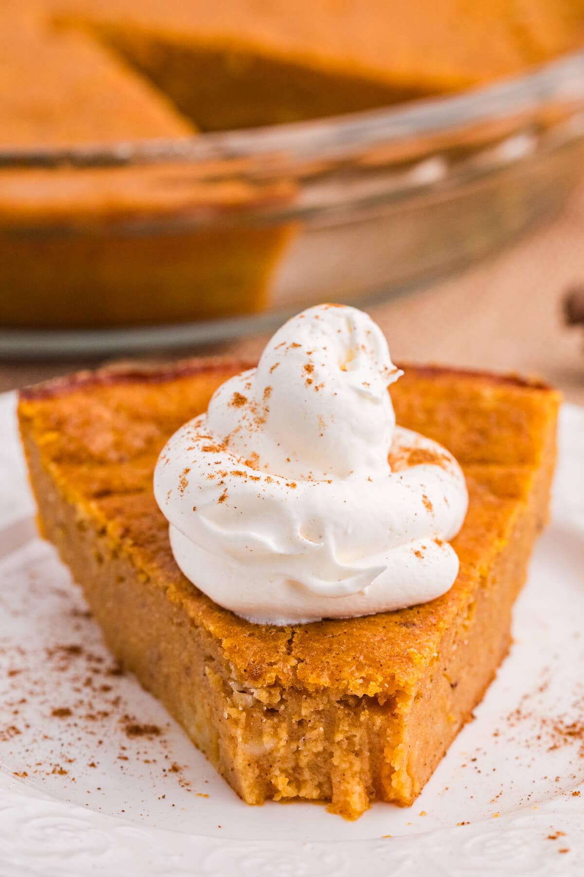 A piece of pie on a plate with a bite off the end.