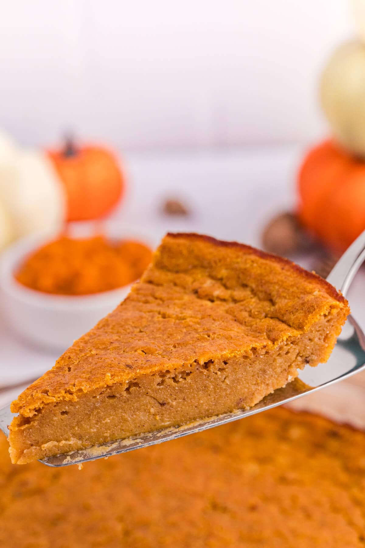 A slice of pie on a pie server.