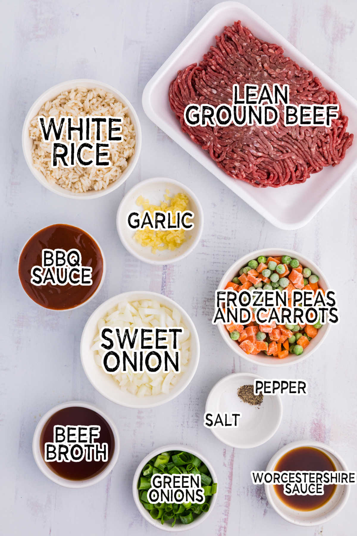 Ingredients on white surface.