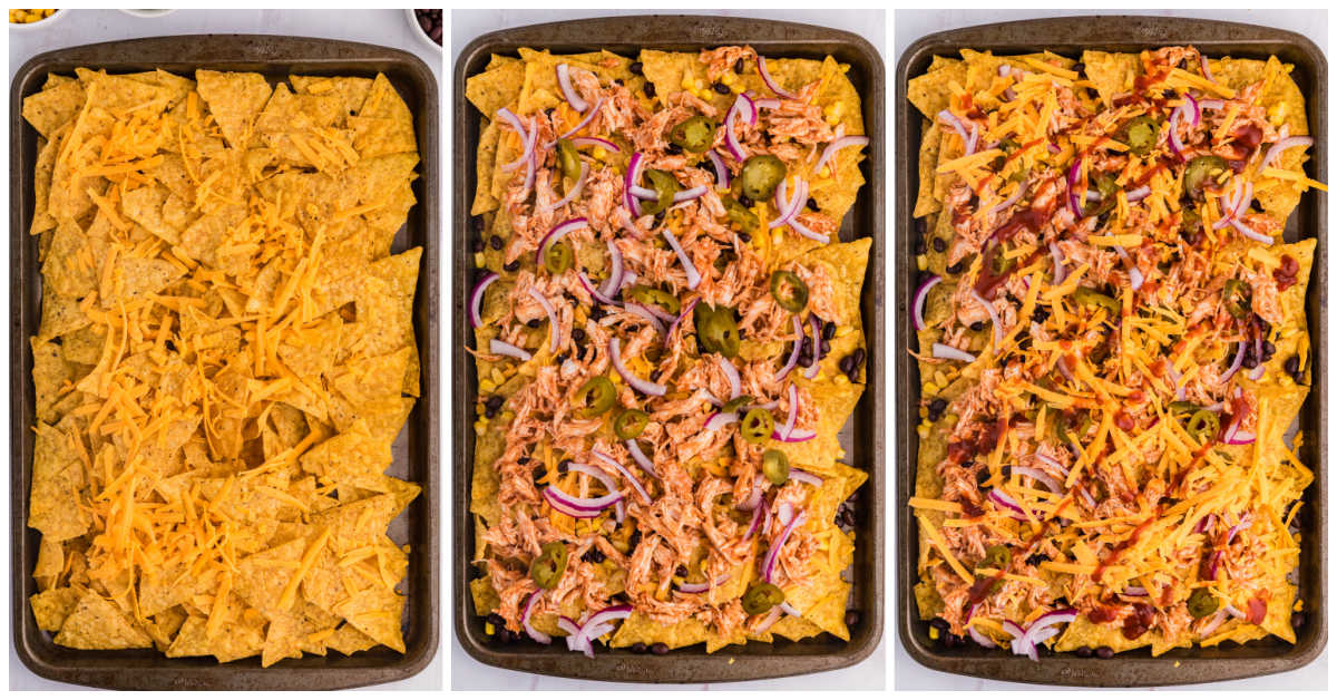 Collag of nachos on a sheet pan with toppings being added.