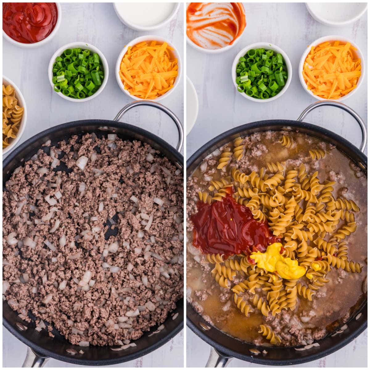 Collage of cooking ingredients in a skillet.