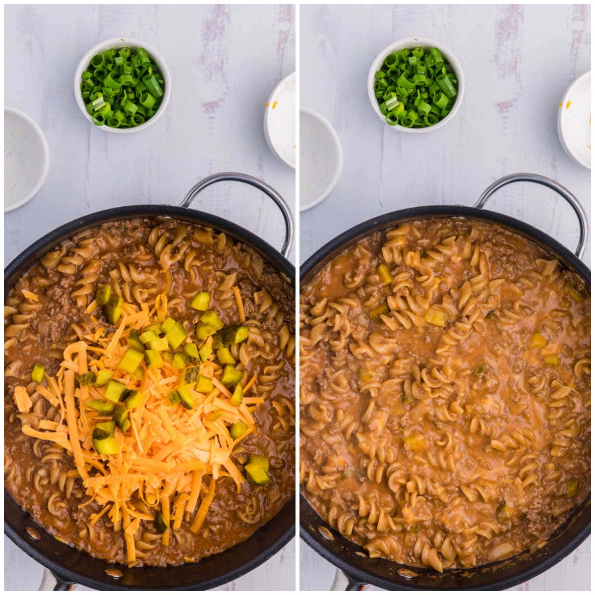 Collage of cooking ingredients in a skillet.