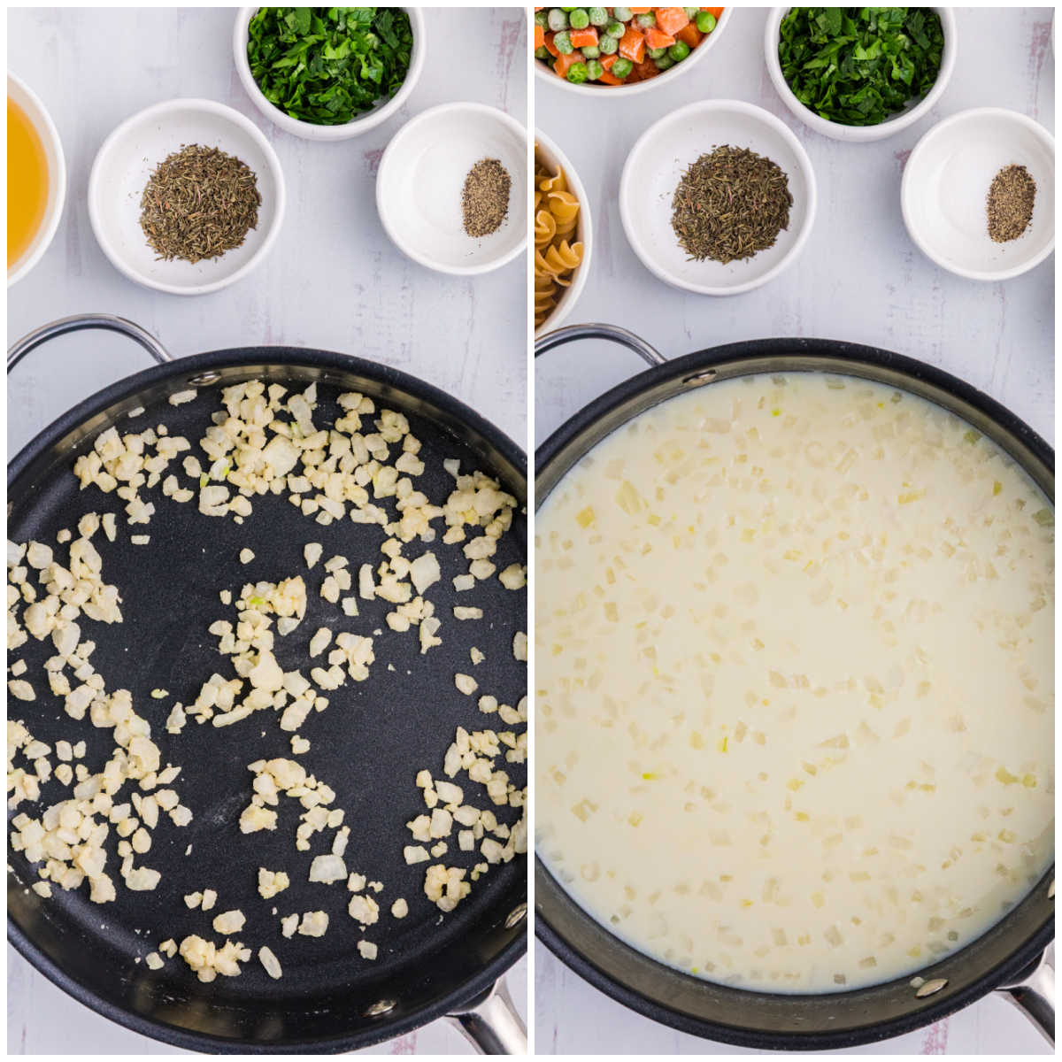 Collage of cooking ingredients in a skillet.