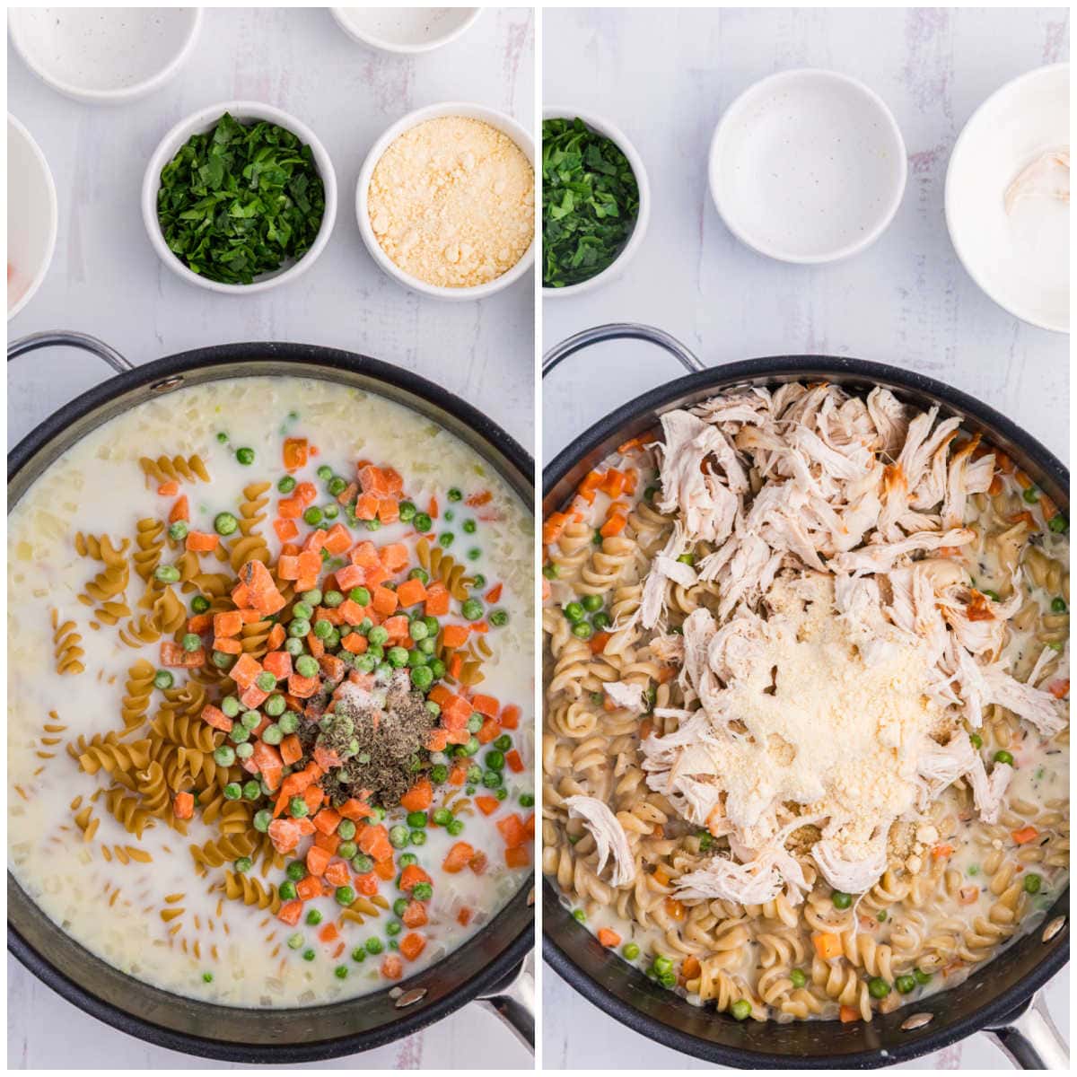 Collage of mixing ingredients in a skillet.
