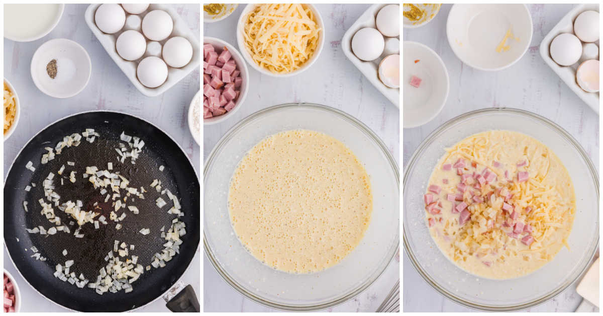 Collage of mixing ingredients in a bowl.