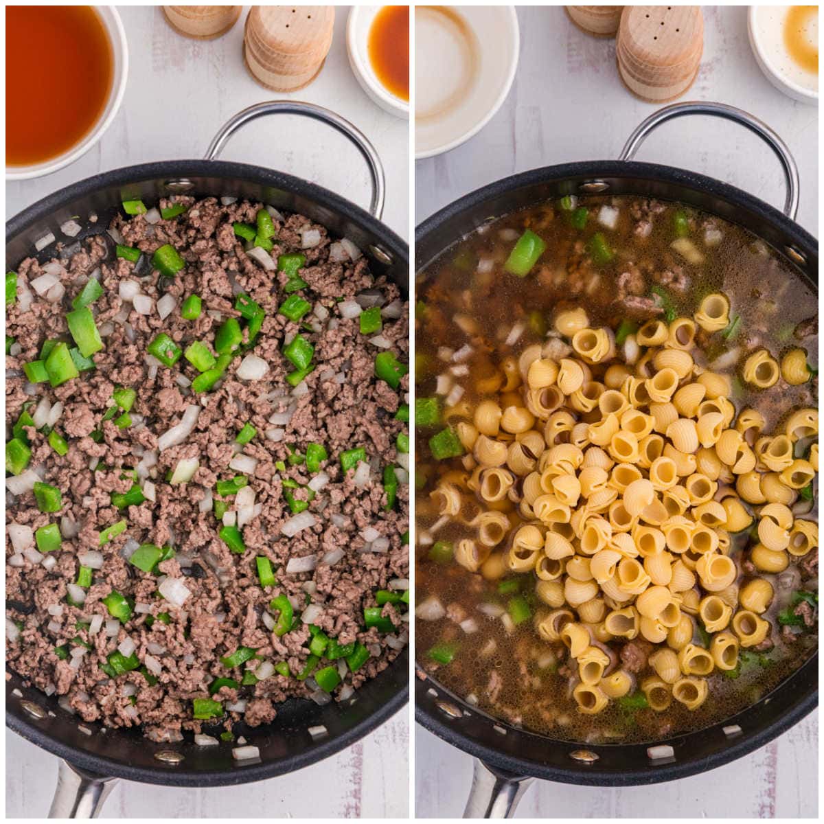 Collage of ingredients in a skillet.