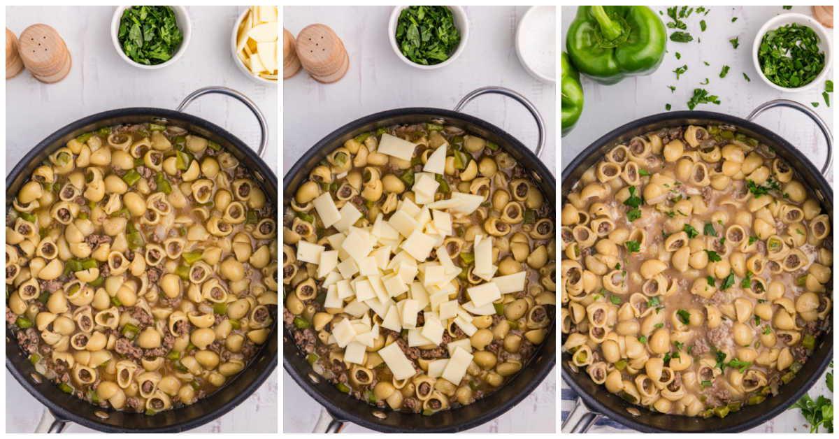 Collage of ingredients in a skillet.
