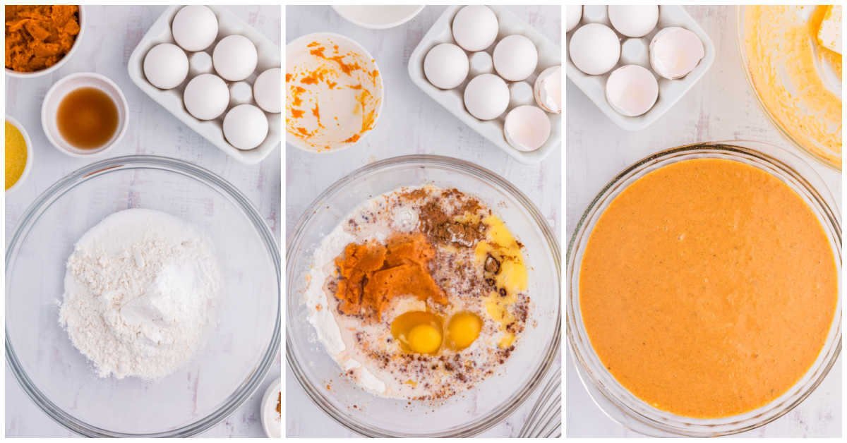 Collage of mixing ingredients in a bowl and adding to a pie plate.