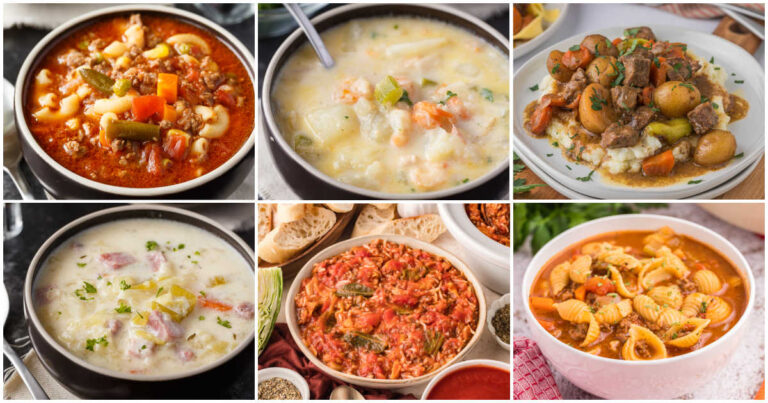 Soups and stews collage.