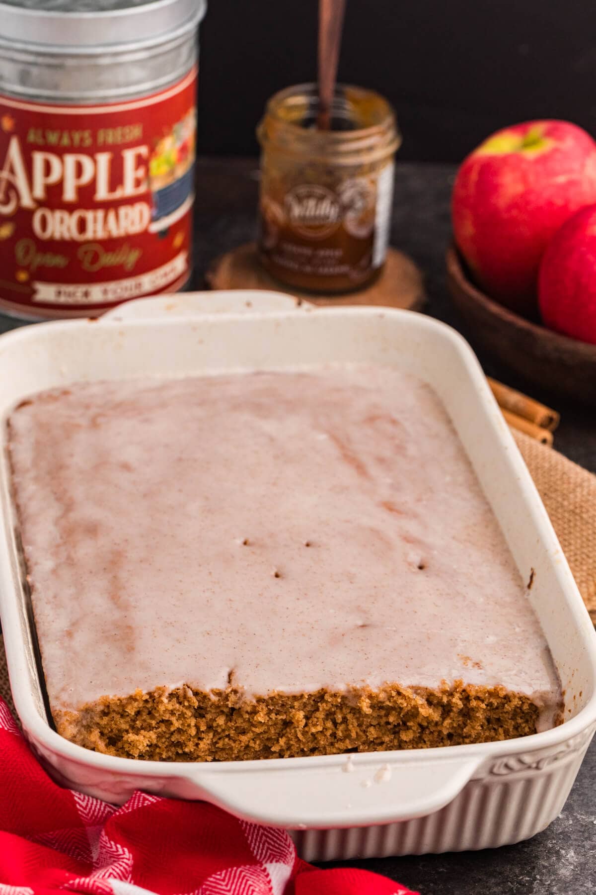 The recipe in a pan with a row of slices cut out.