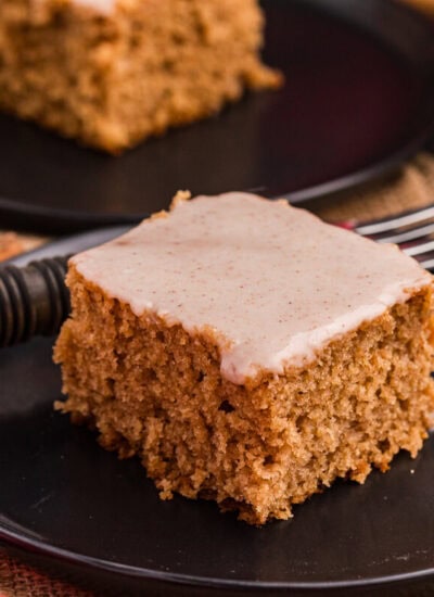 A piece of cake on a plate.