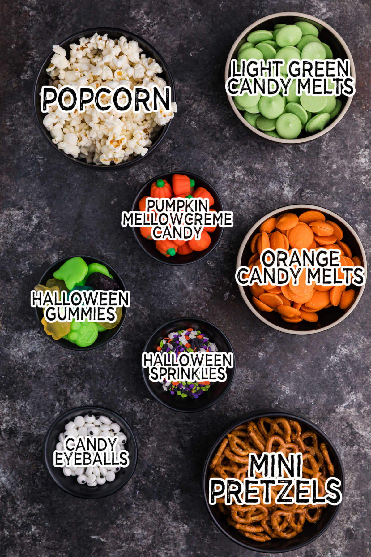 Collage of ingredients on a dark surface.