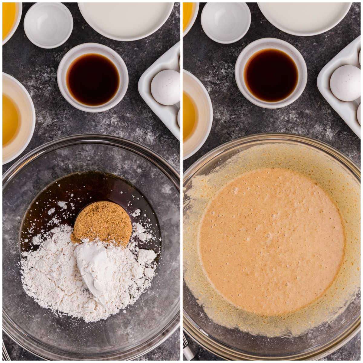 Collage of mixing ingredients in a bowl.