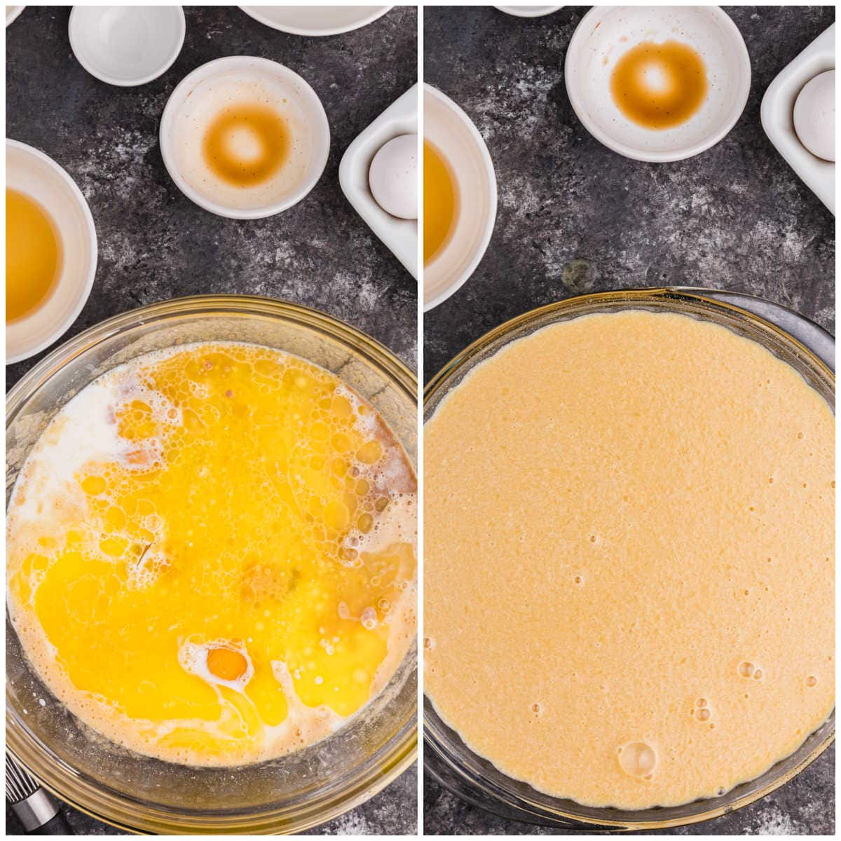 Collage of mixing ingredients in a bowl and pouring into a pie plate.