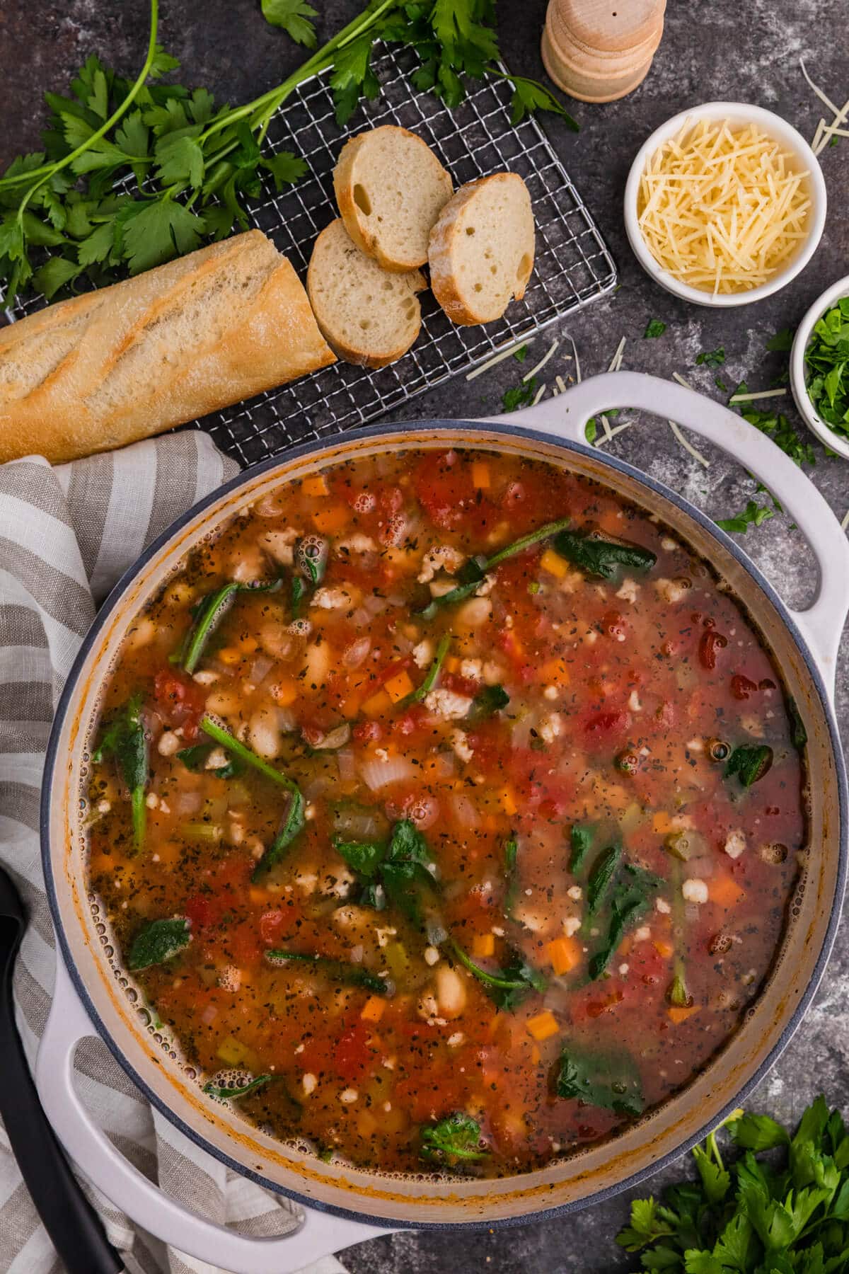 A pot of White Bean and Sausage Soup.