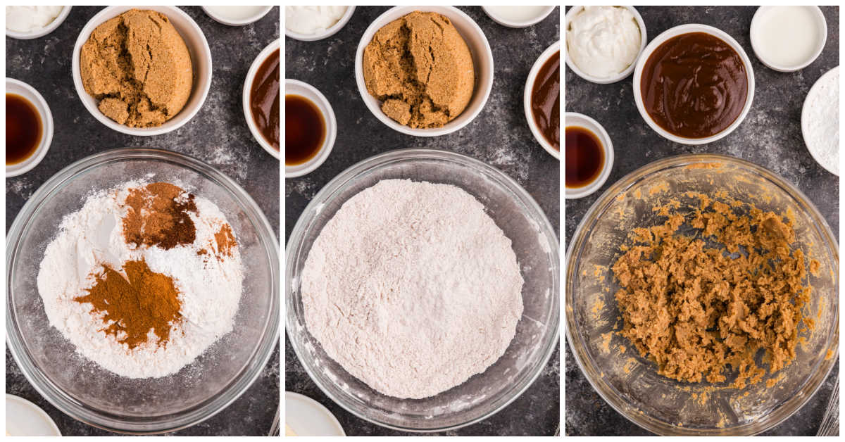 Collage of mixing ingredients in a bowl.