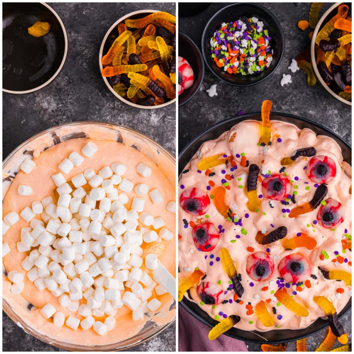 Collage of mixing ingredients in a bowl.