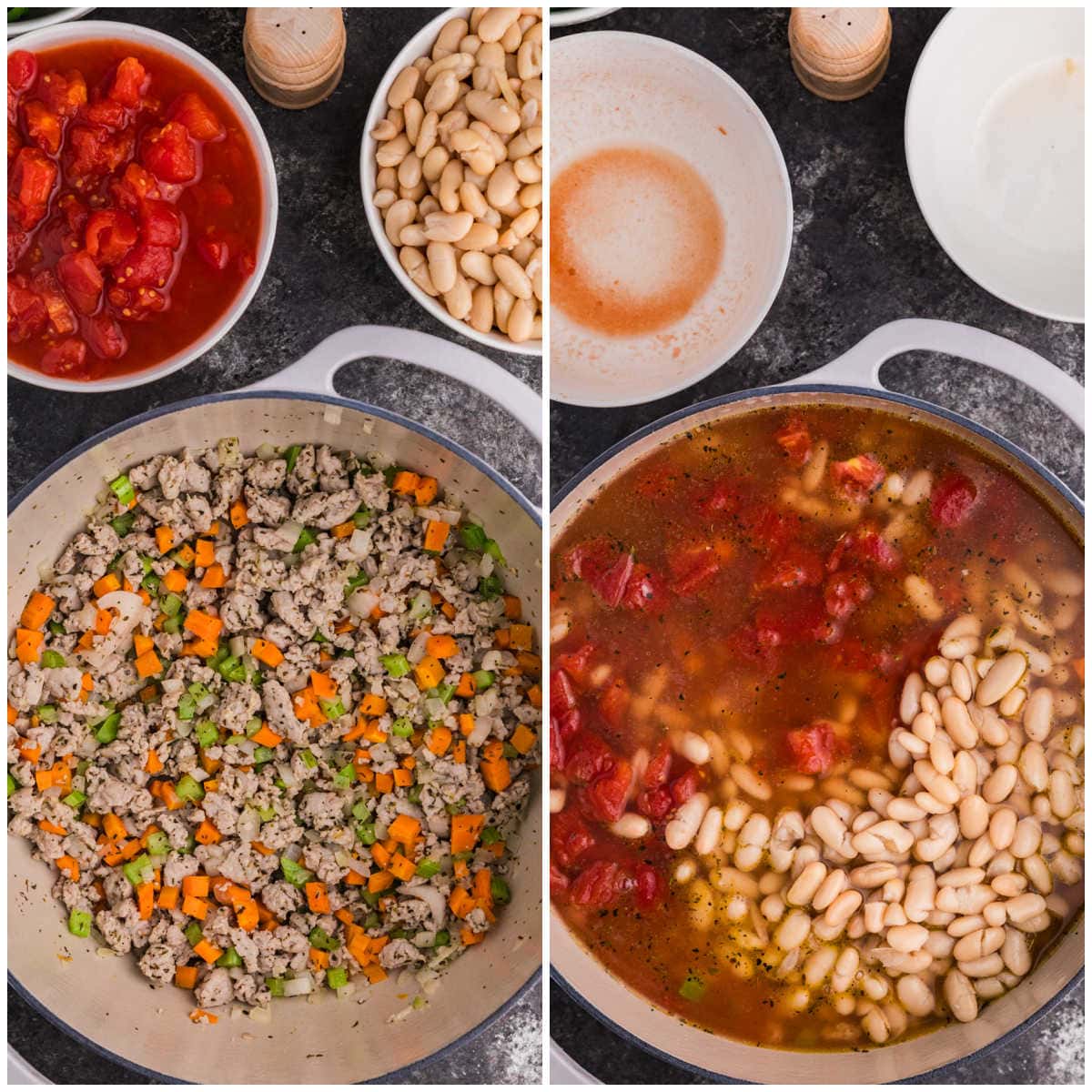 Collage of cooking ingredients in a pot.