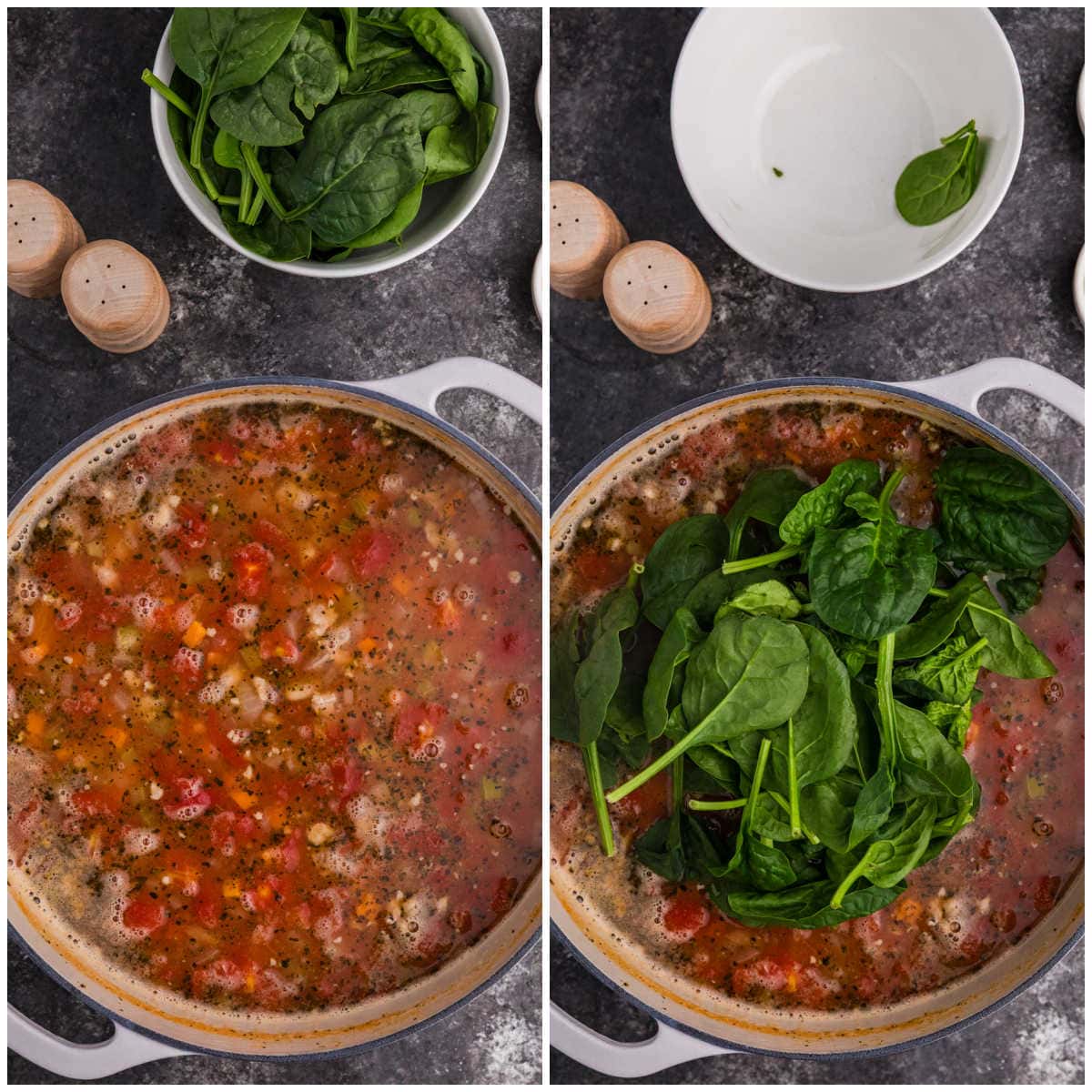 Collage of cooking ingredients in a pot.