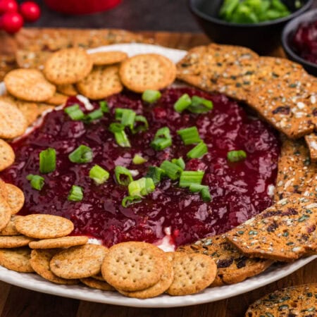 A platter of round crackers and multigrain crisps surrounds a dip topped with red cranberry sauce and chopped green onions, conveying a festive and inviting feel.