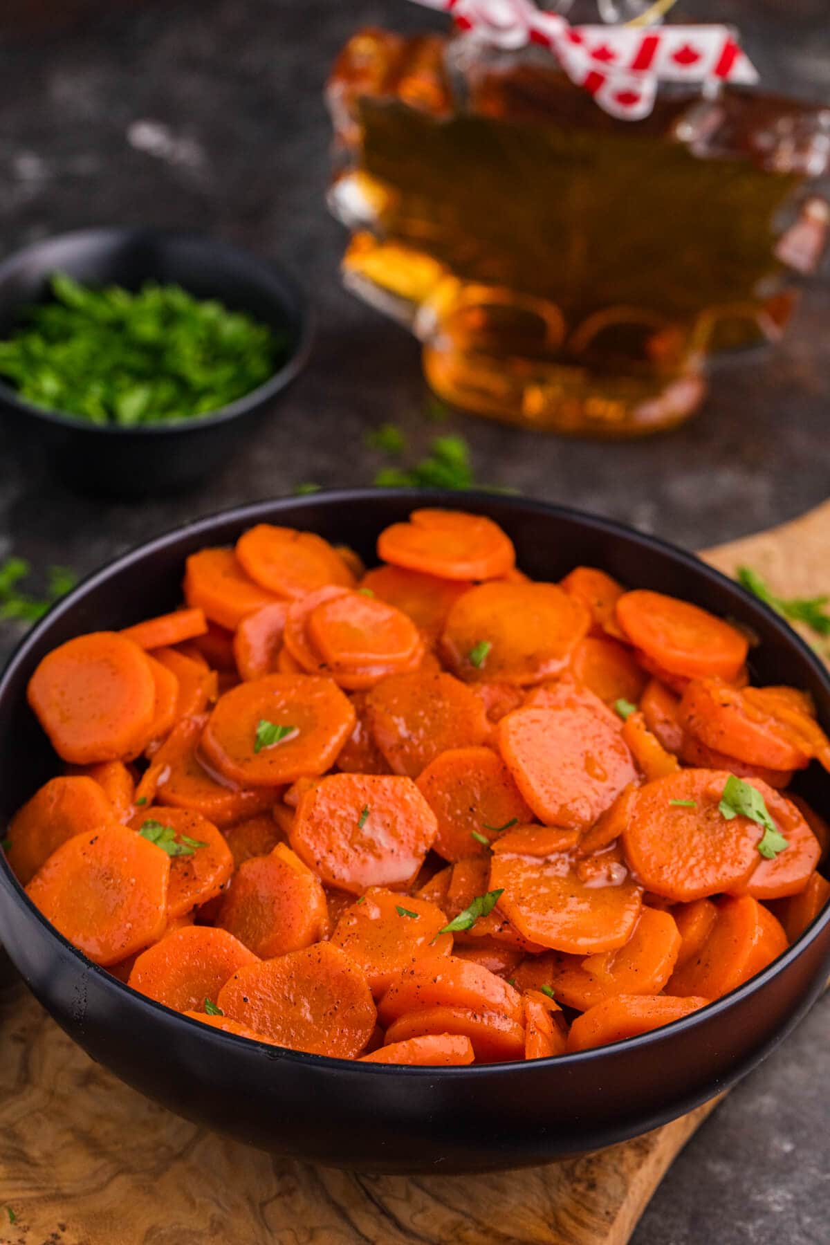 The recipe in a black serving bowl.