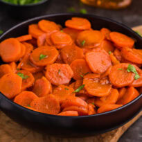 The recipe in a black serving bowl.