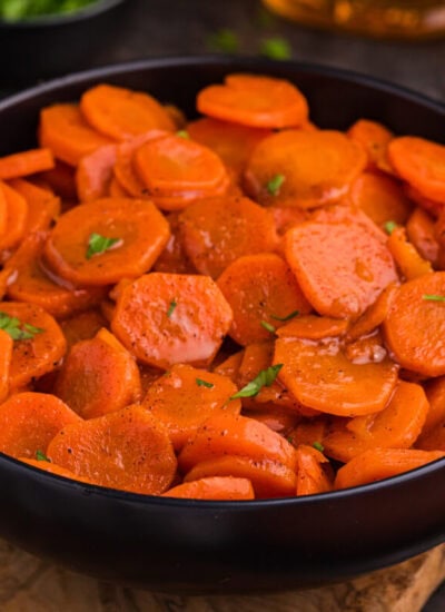 The recipe in a black serving bowl.