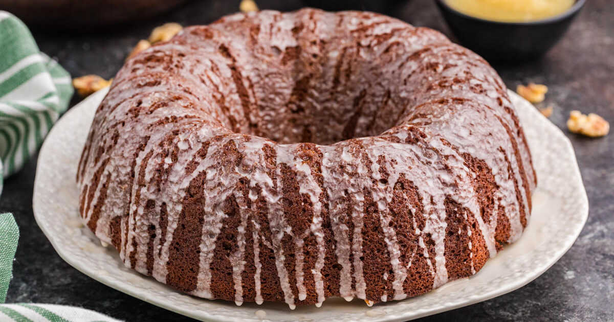 The cake on a plate.