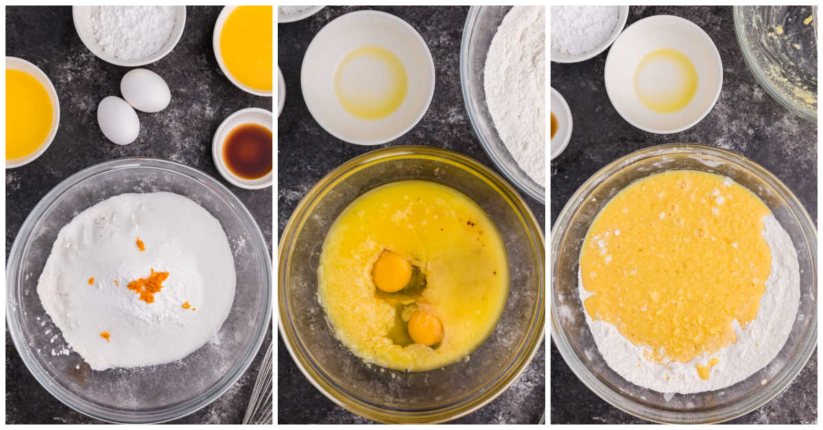 Collage of mixing ingredients in a bowl.