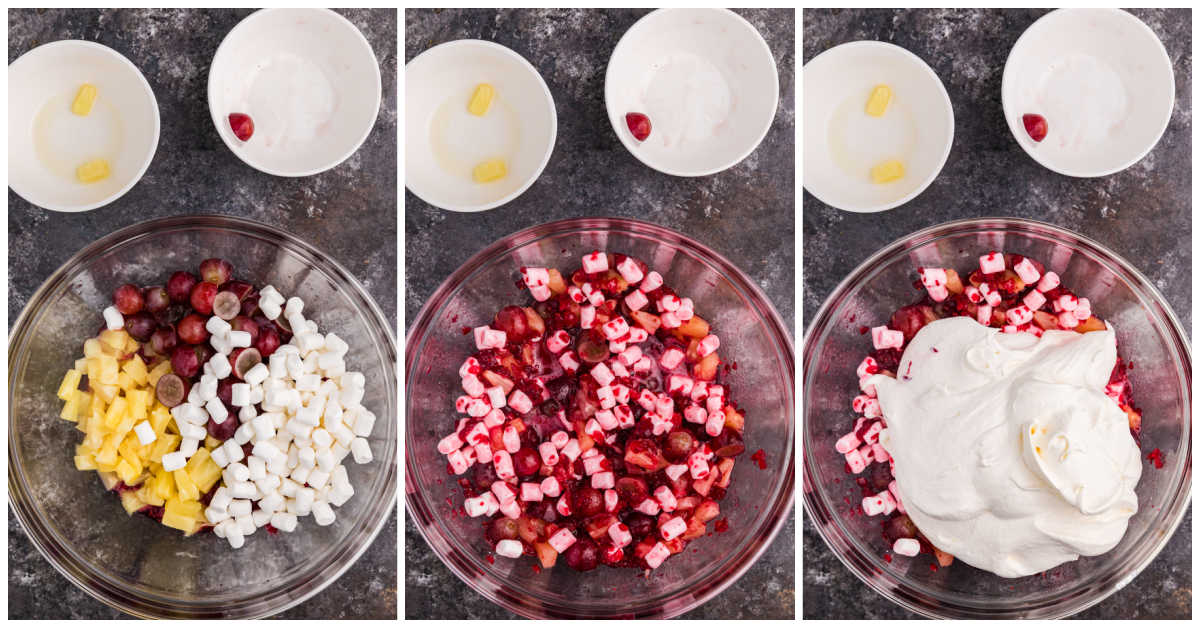 Collage of mixing ingredients in a bowl.