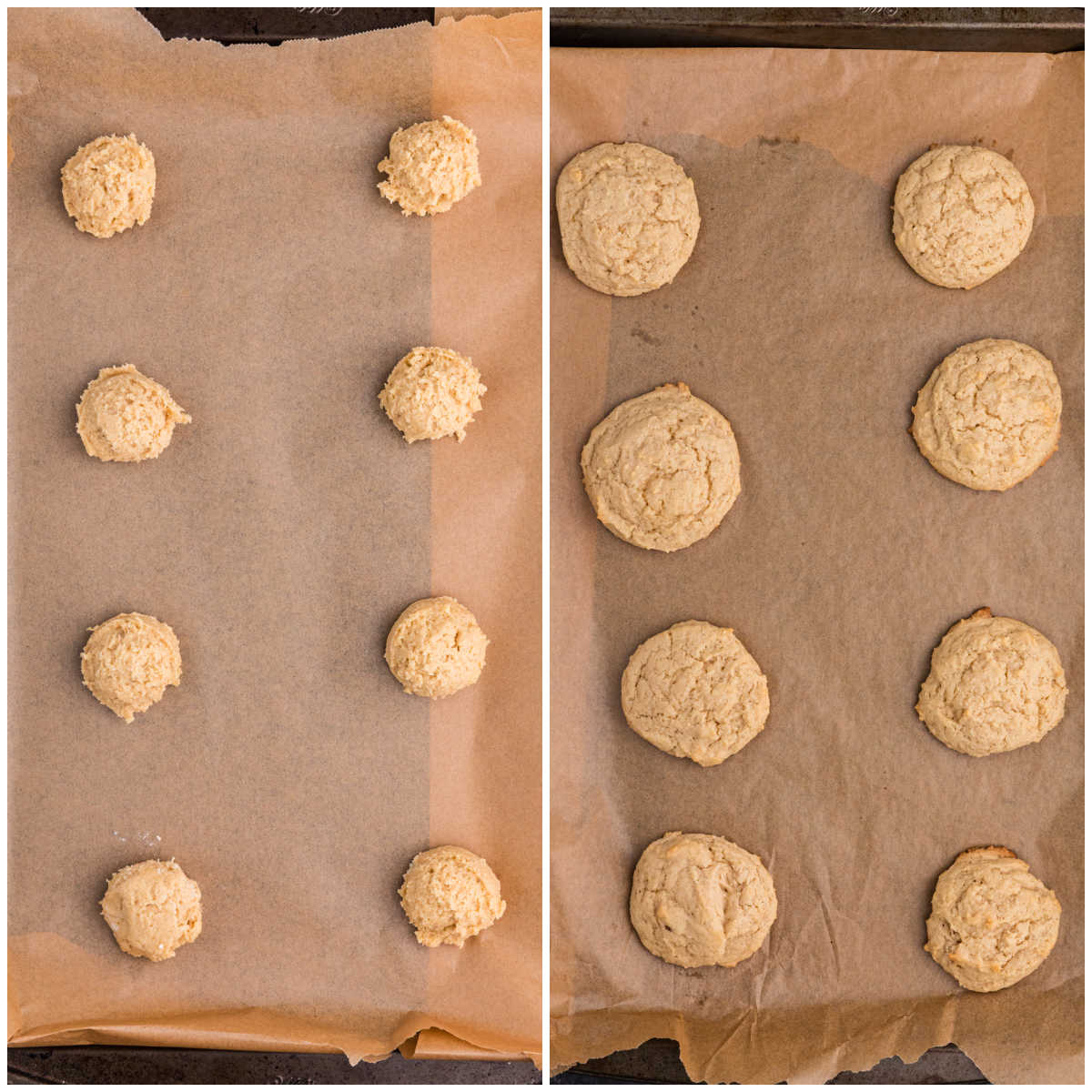 Collage of the cookie dough on the cookie sheet.