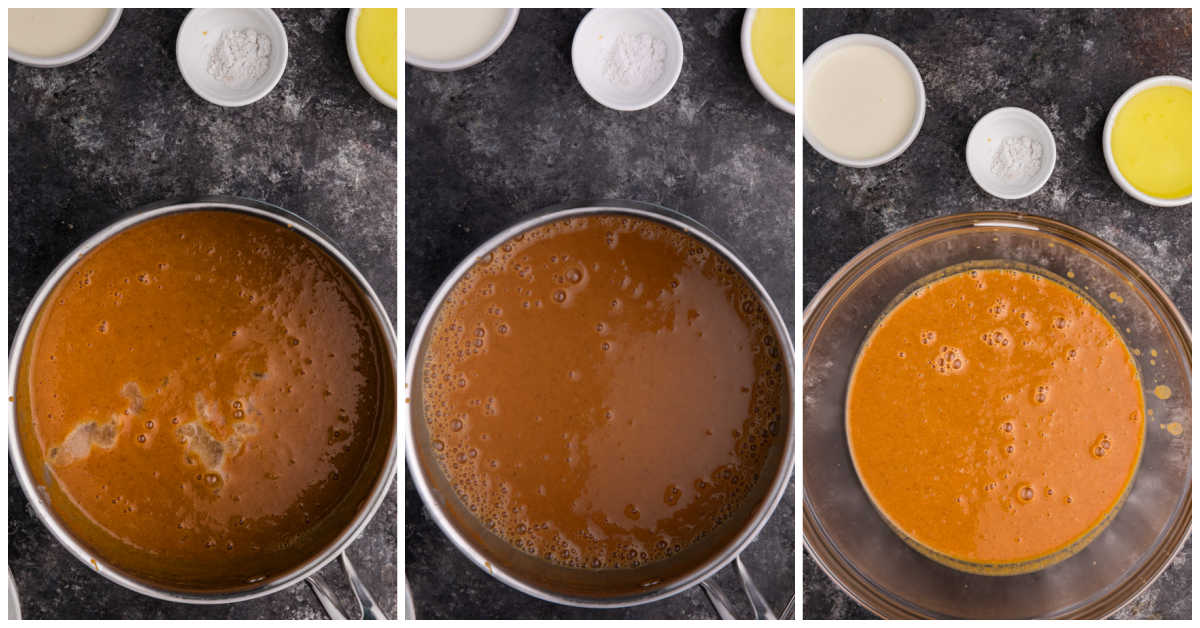 Collage of mixing in the gelatin and adding to a mixing bowl.
