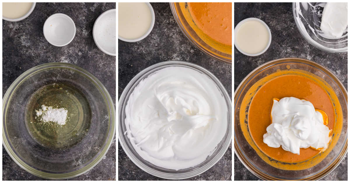 Collage of making the meringue and adding to the pumpkin mixture.