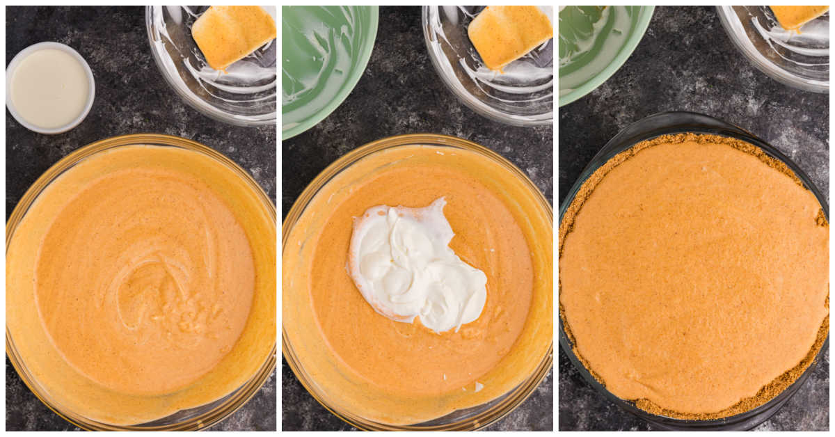 Collage of mixing ingredients and adding to the pie crust.