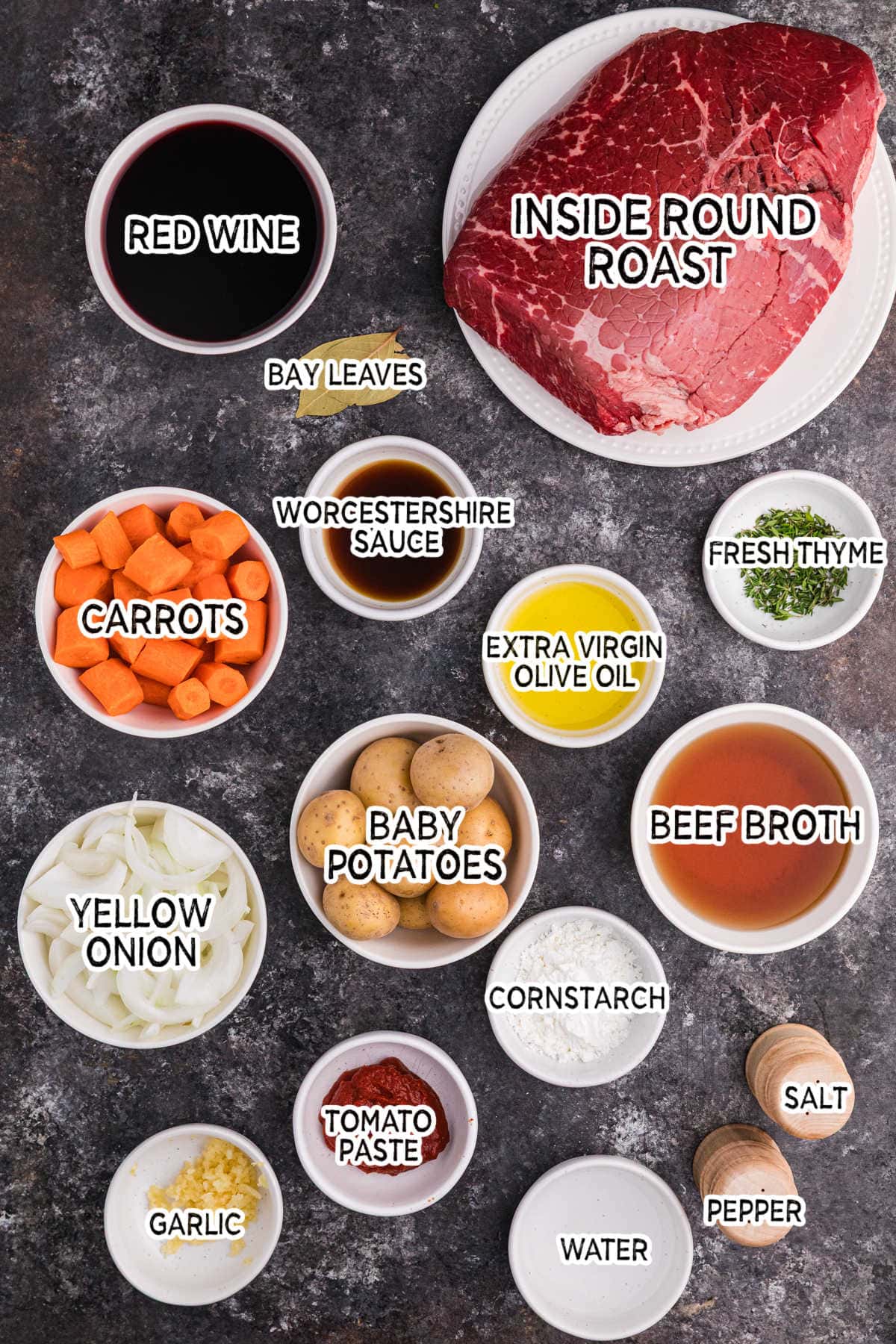 Overhead view of labeled ingredients including beef roast, baby potatoes, carrots, onion, garlic, tomato paste, beef broth, red wine, Worcestershire sauce, thyme, bay leaves, olive oil, cornstarch, water, salt, and pepper on a dark surface.