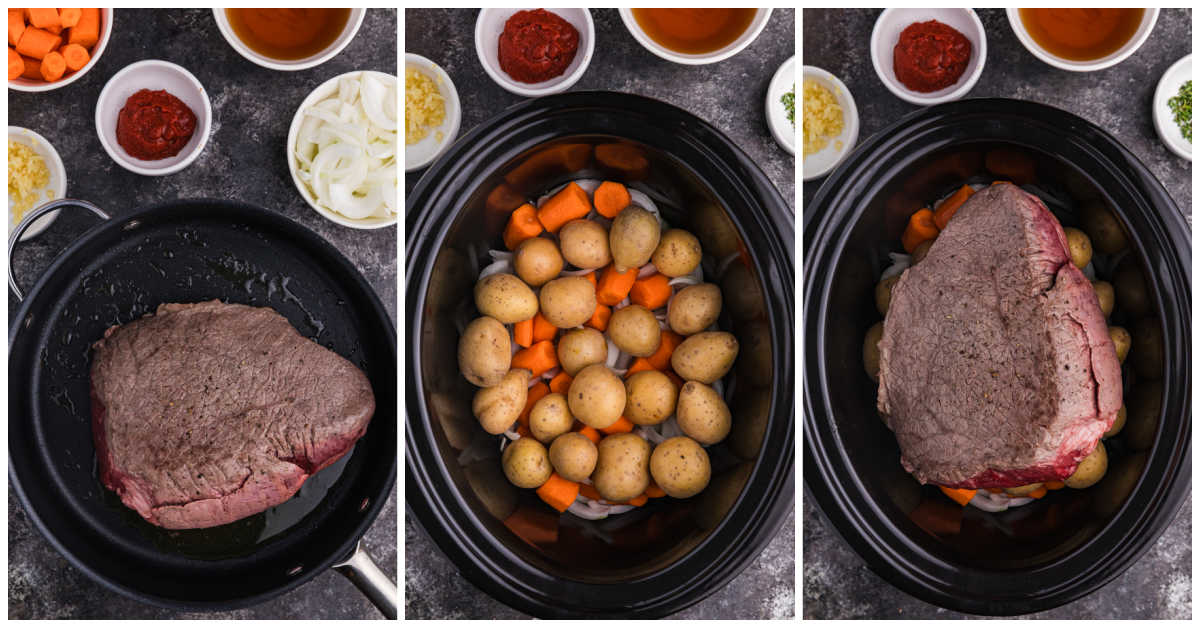 Three-step collage showing a beef roast being seared in a pan, vegetables layered in a slow cooker, and the browned roast placed on top of the potatoes and carrots.