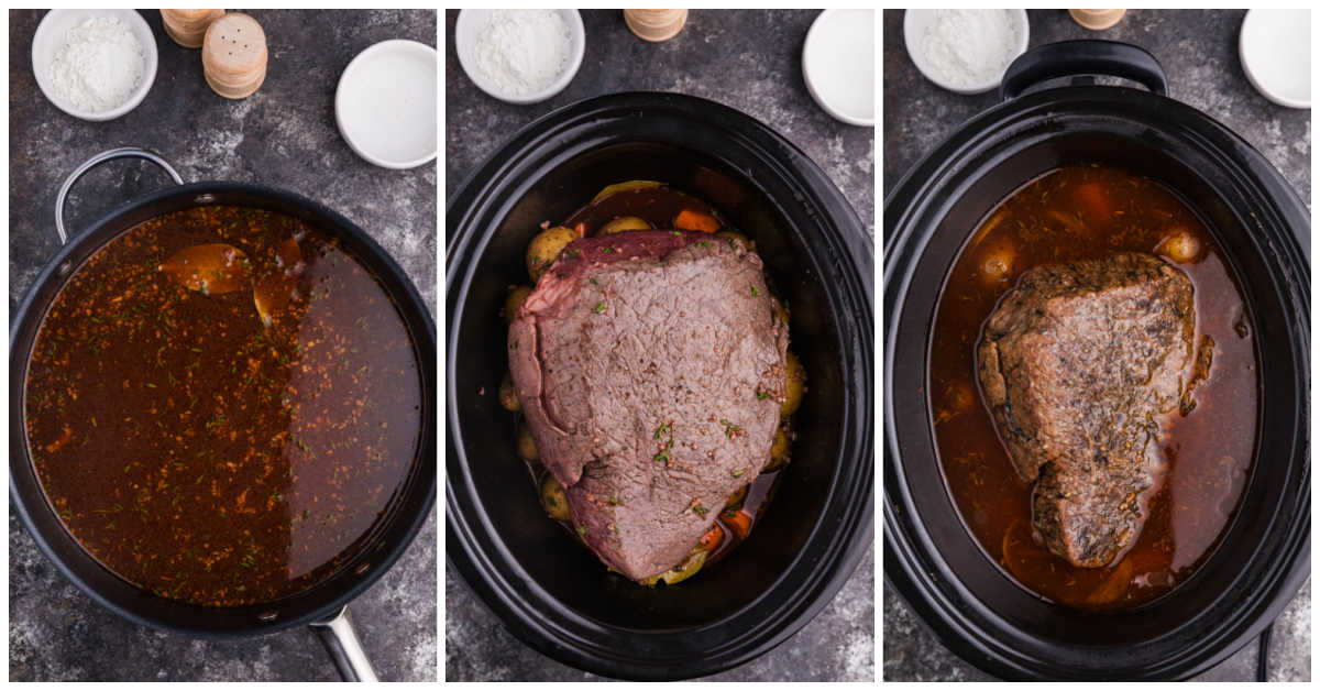 Three-step collage showing broth mixture in a pan, the liquid poured over the roast and vegetables in a slow cooker, and the roast fully cooked and simmering in rich gravy.