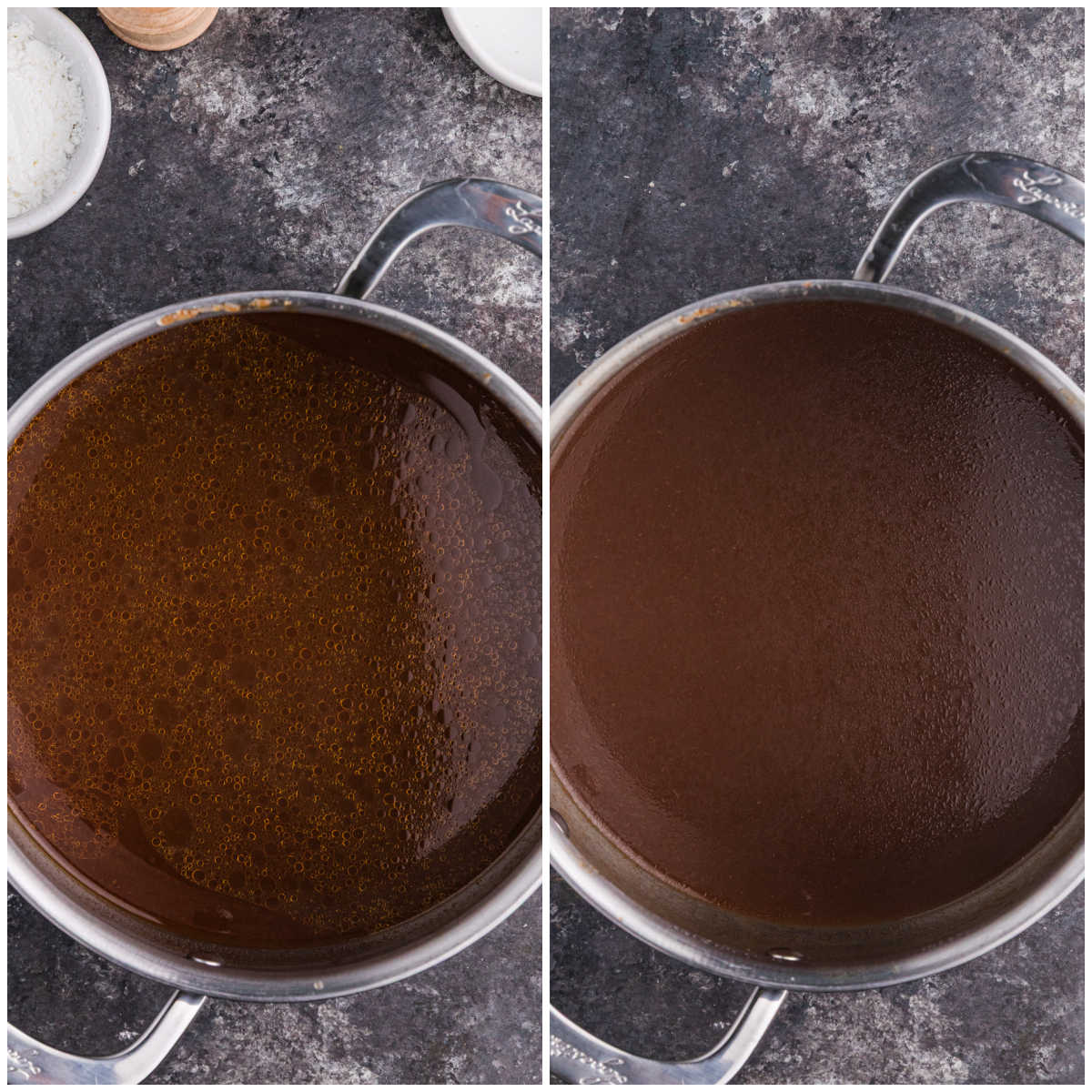 Side-by-side images showing gravy in a saucepan before and after thickening, transforming from a thin broth to a smooth, rich sauce.