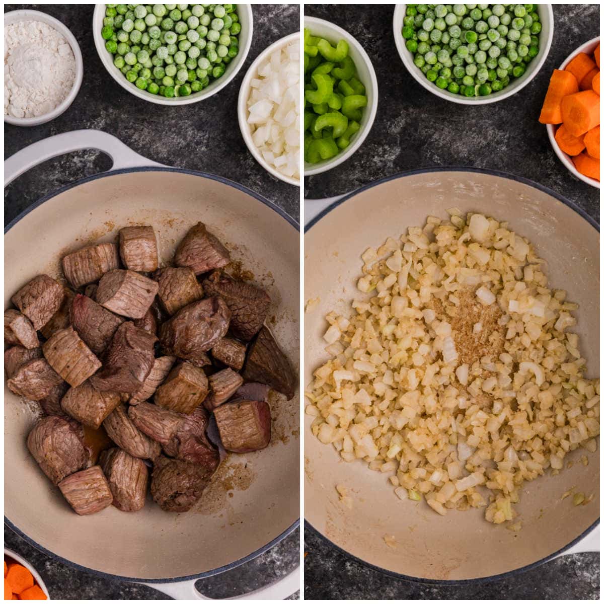 Collage of cooking ingredients in a pot.
