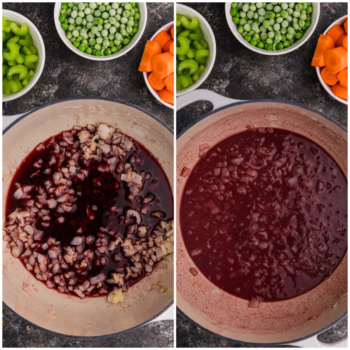 A collage of cooking ingredients in a pot.
