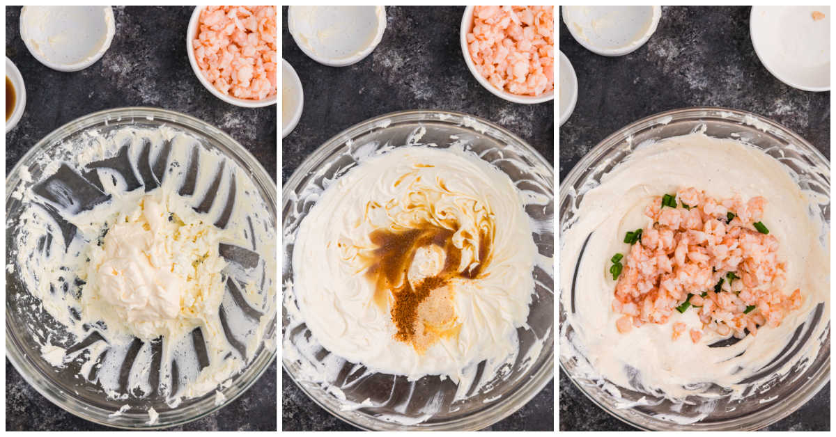 Collage of mixing ingredients in a bowl.