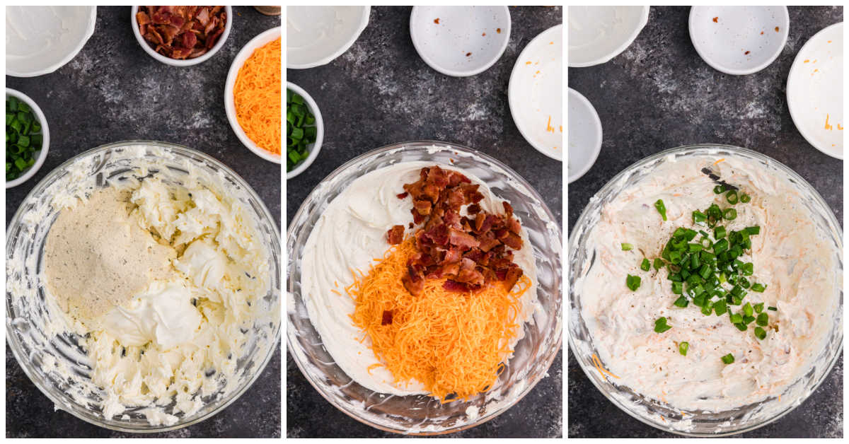 Collage of mixing the recipe in a bowl.