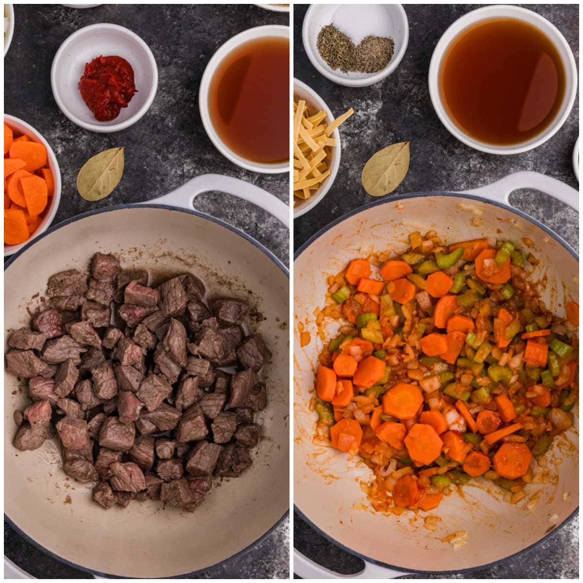 Collage of cooking ingredients in a pot.