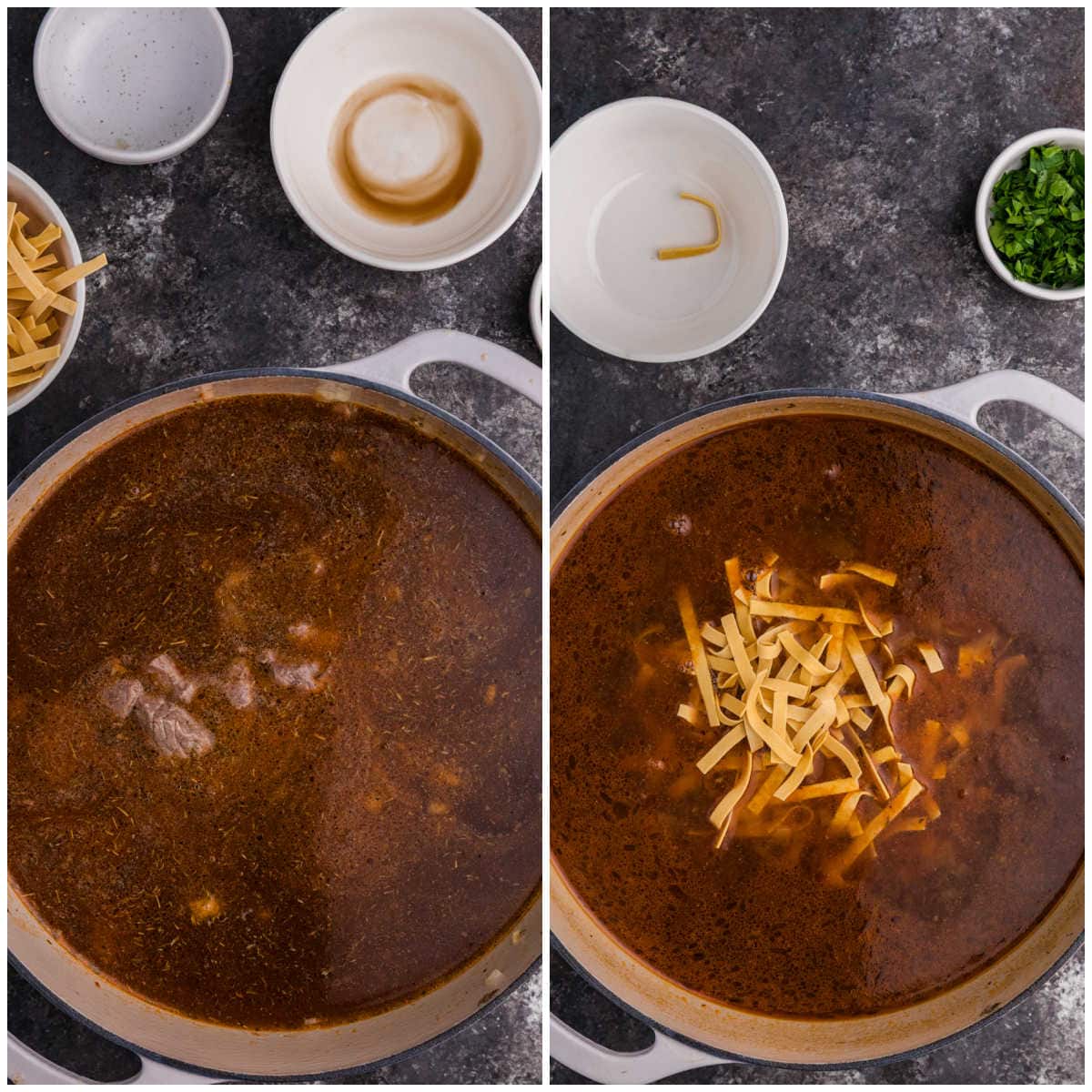 Collage of cooking ingredients in a pot.