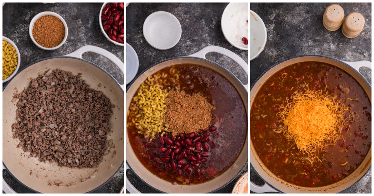 Collage of cooking ingredients in a Dutch oven.