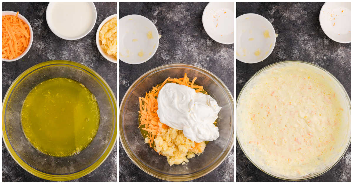 Collage of making the recipe in a glass bowl.
