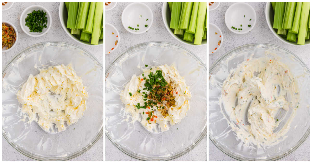 Collage of mixing ingredients in a bowl.