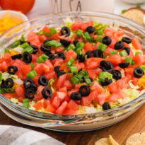 Macro shot of tortilla chip dipped in taco dip with visible layers of sour cream, salsa, shredded cheese, lettuce, and green onions, highlighting creamy texture and fresh toppings.